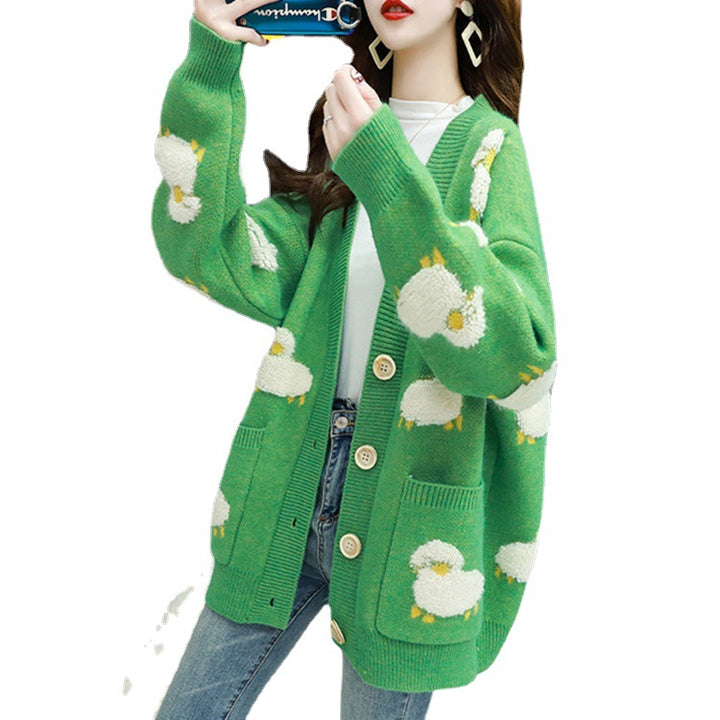 Women’s knit jacket with playful sheep pattern and pockets Lune London