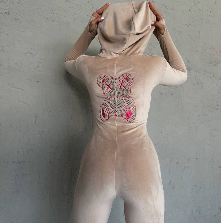 Hooded dress for women with sparkling bear pattern and fitted cut Lune London