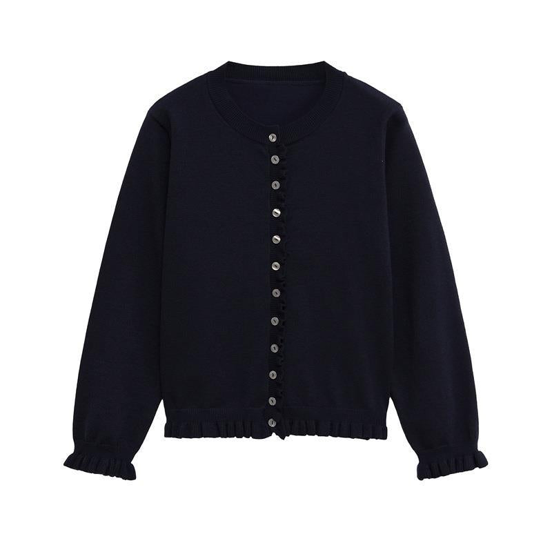 Women's knit jacket with a playful ruffled hem and chic button details Lune London