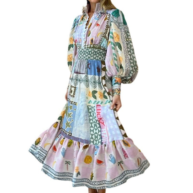 Robe maxi longue pour femme avec motif patchwork coloré et manches volumineuses Chic & Stil