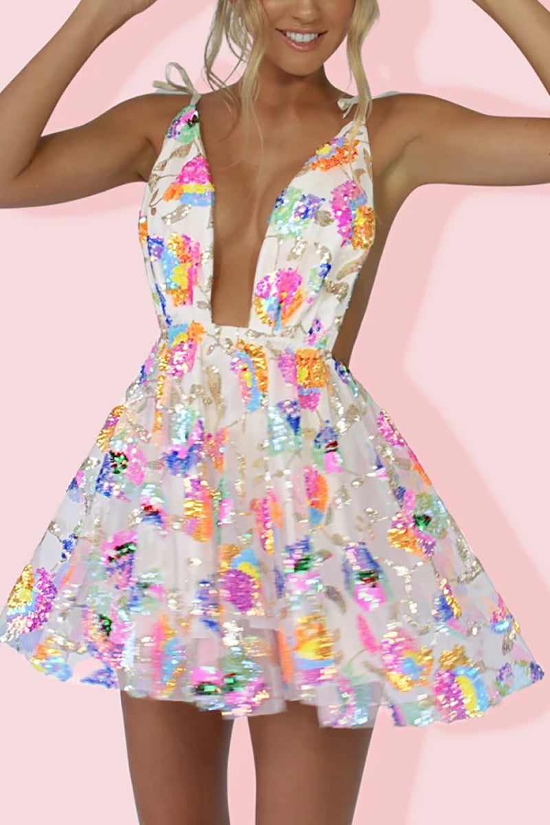 Lune London | Rainbow Sequin Open Back Slip Mini Dress