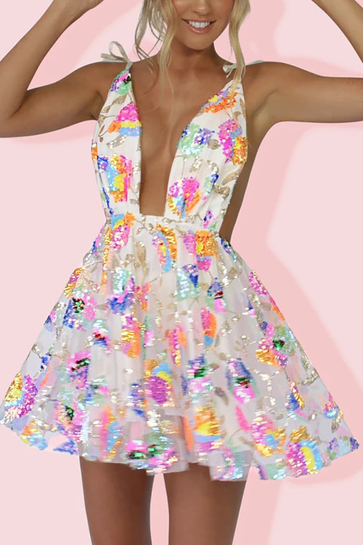 Lune London | Rainbow Sequin Open Back Slip Mini Dress