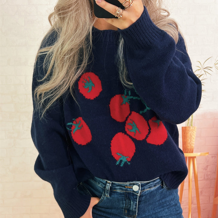 Pull en tricot pour femmes avec un motif de tomate ludique et une coupe décontractée Chic & Stil