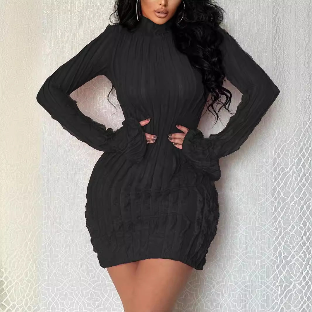 Long sleeve fitted dress with high collar for women Lune London
