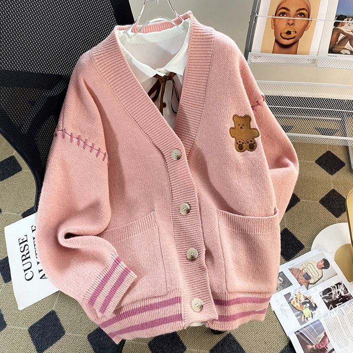 Women's knitted jacket with a unique bear application and modern details Lune London