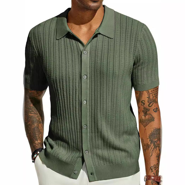 Short sleeve knit shirt for men with a fine lace structure and a classic collar Lune London