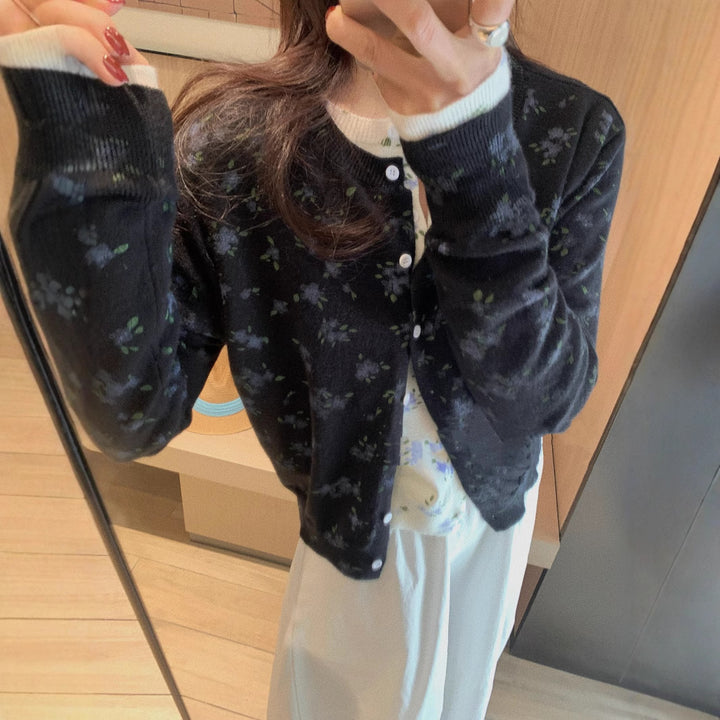 Ladies Lightweight Knit Jacket with Floral Accents and Chic Button Placket