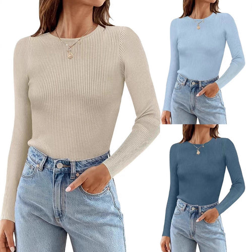 Woman Long Sleeve Ribbed Top with Classic Round Neck and Fitted Cut Lune London