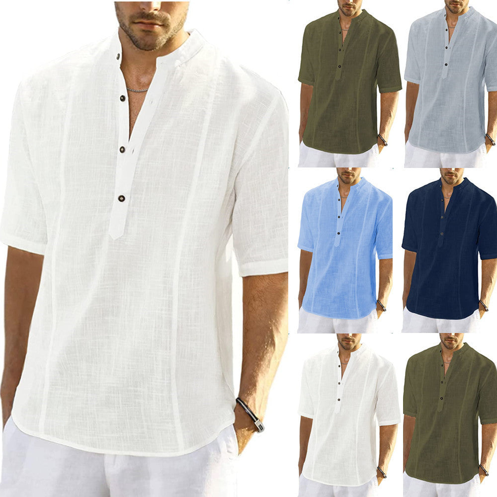 Short Sleeve Linen Shirt for Men with High Collar and Button Placket Chic und Stil