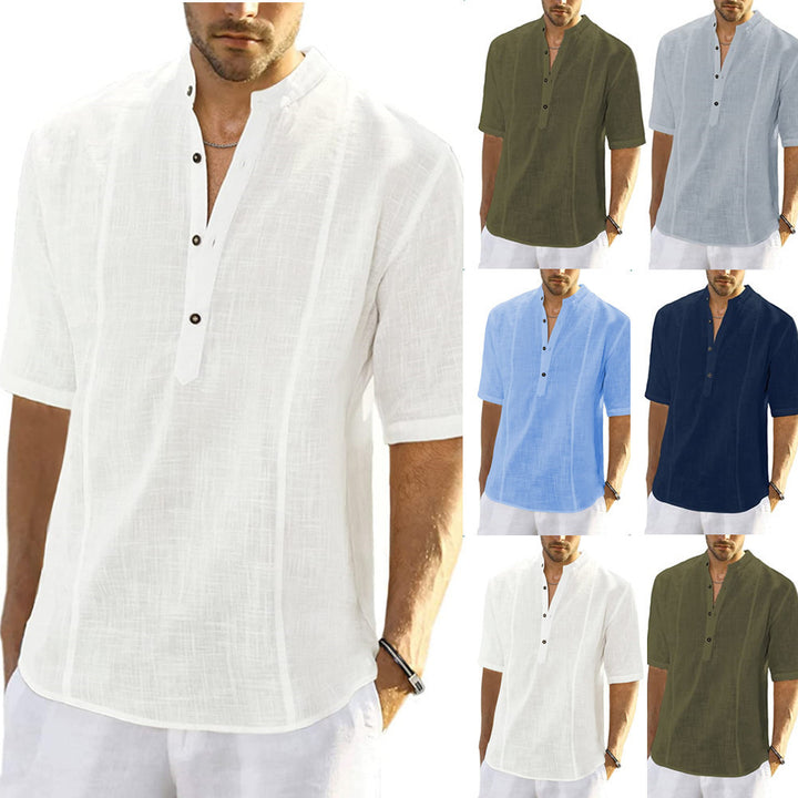 Short Sleeve Linen Shirt for Men with High Collar and Button Placket Chic und Stil