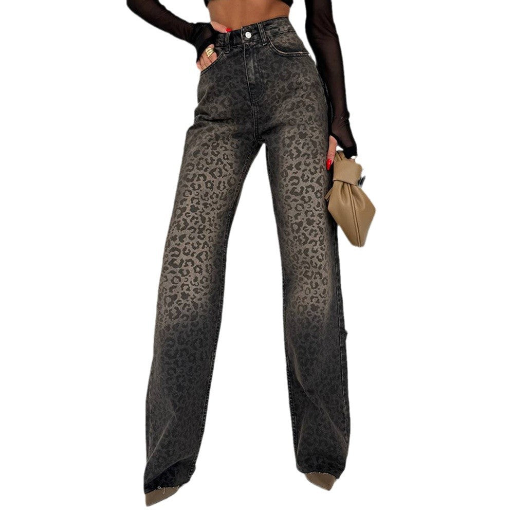 Women High Waist Jeans Trendy with Leopard Print Lune London