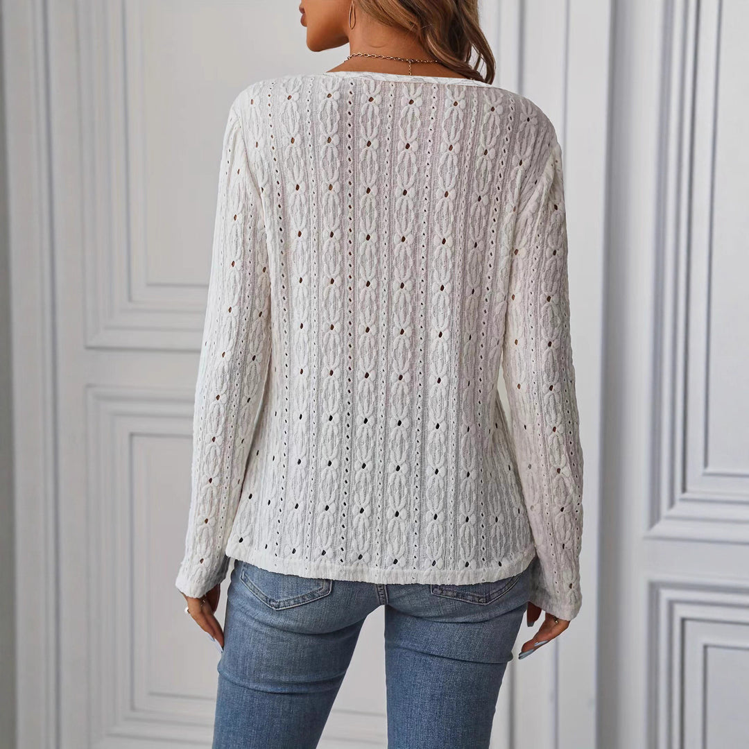 Long sleeve blouse for women with an intricate crochet pattern and chic button details