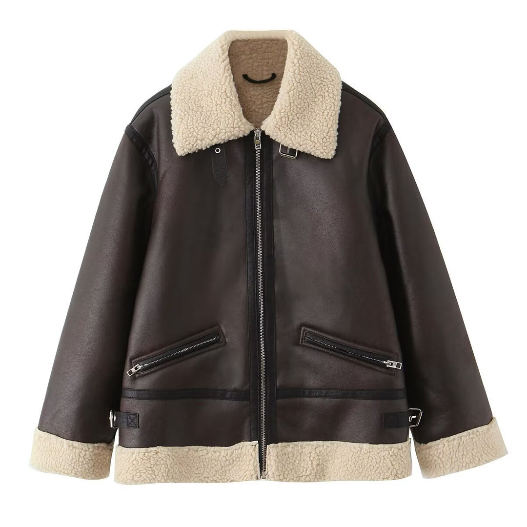Faux leather jacket for women with warm Sherpa lining and practical zip pockets Lune London