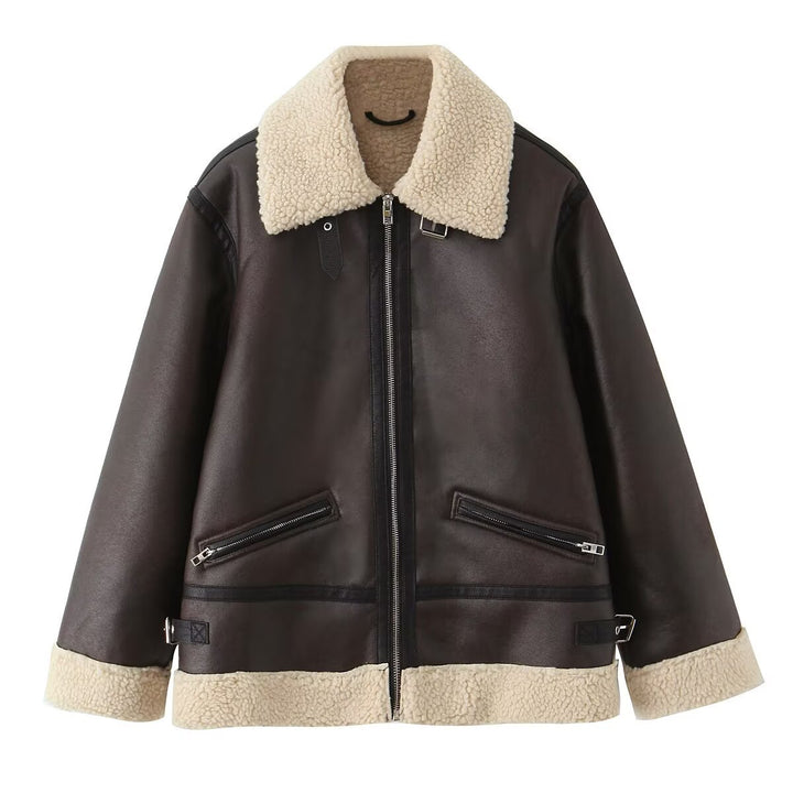 Faux leather jacket for women with warm Sherpa lining and practical zip pockets Lune London