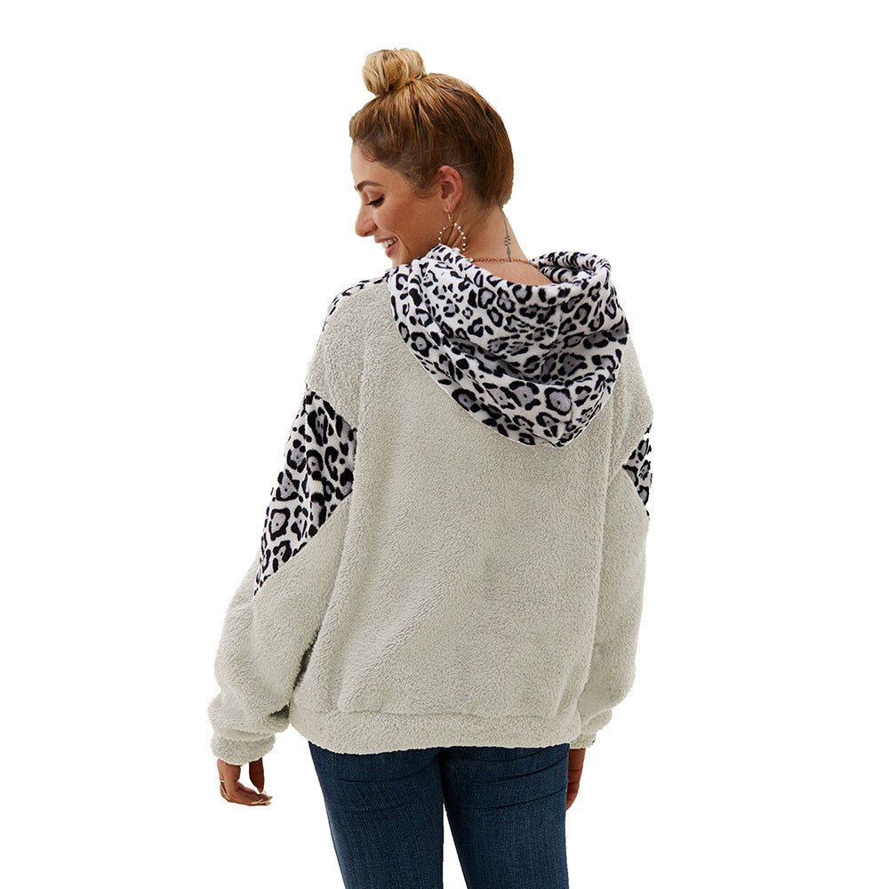 Ladies Comfortable Teddy Sweater with Hood and Chic Leopard Pattern