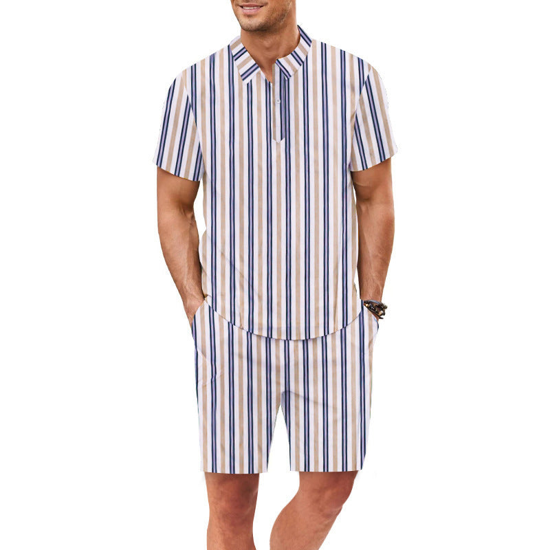 Men's set consisting of a short-sleeved blouse and shorts with a chic striped design