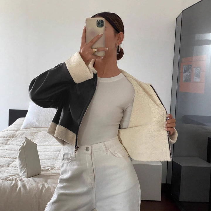 Trendy plush jacket for women with shiny surface and stylish collar Lune London