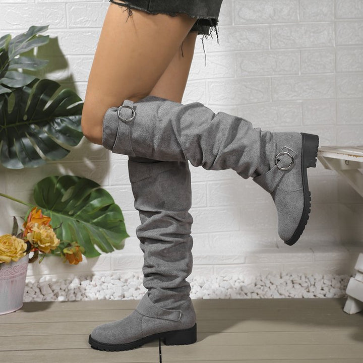 Over-the-knee boots for women in soft suede with decorative buckle detail Lune London