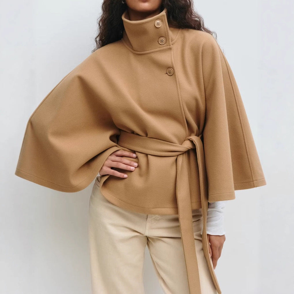 Ladies modern Cape-jacket with removable belt and high collar Lune London