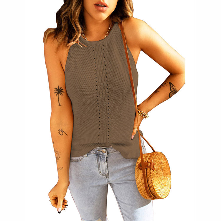 Sleeveless knitted tank top for women with structured ribbed look and decorative openwork pattern Lune London