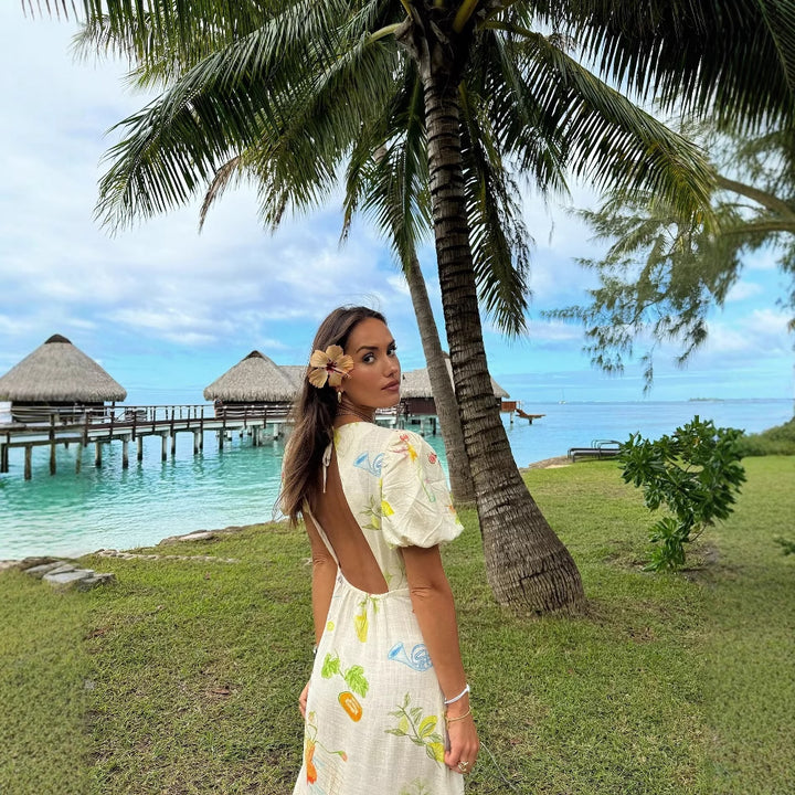 Maxi dress for women with colorful print and fluid ruffles Lune London