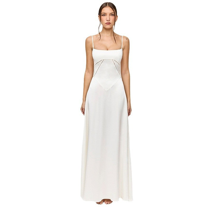 Women's Elegant Maxi Dress with Slim Spaghetti Straps and Flowing Satin Fall Lune London
