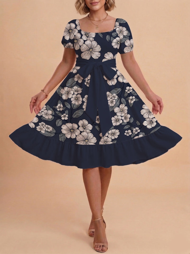 Women's Midi Dress with Elegant Floral Print and Fitted Belt Lune London