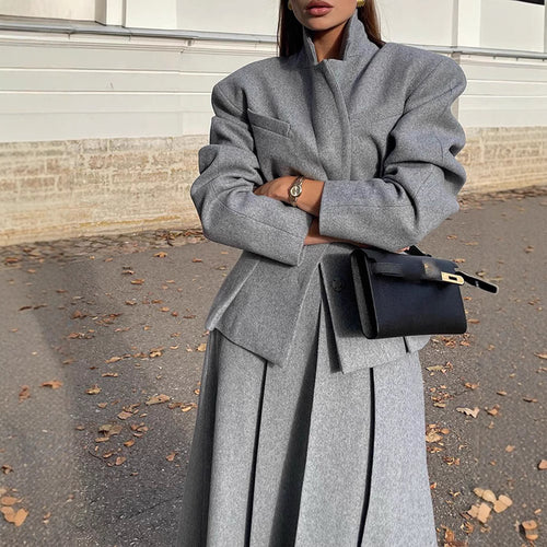 Ladies elegant oversized coat with high collar and structured sleeves Lune London