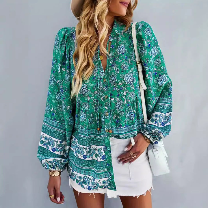 Woman blouse with colorful floral pattern and puff sleeves Lune London