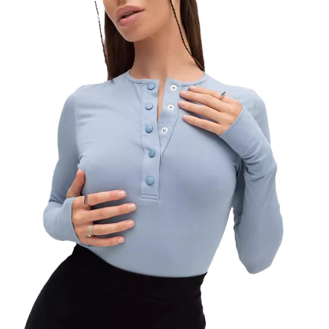 Women Long Sleeve Top with Button Placket and Fitted Cut Lune London