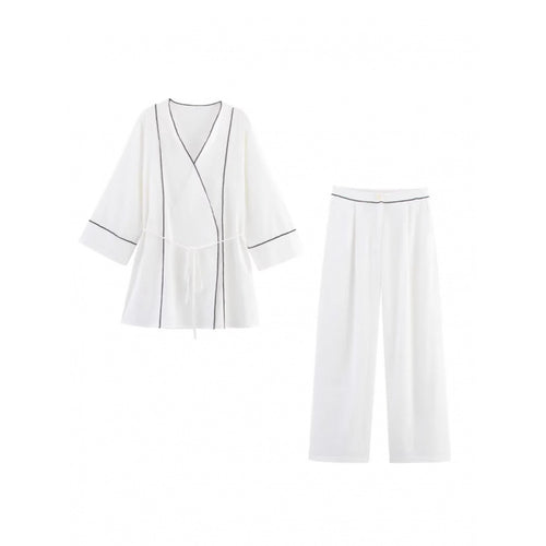 Wide-leg high-waisted women's trousers with elegant belt ornament Lune London