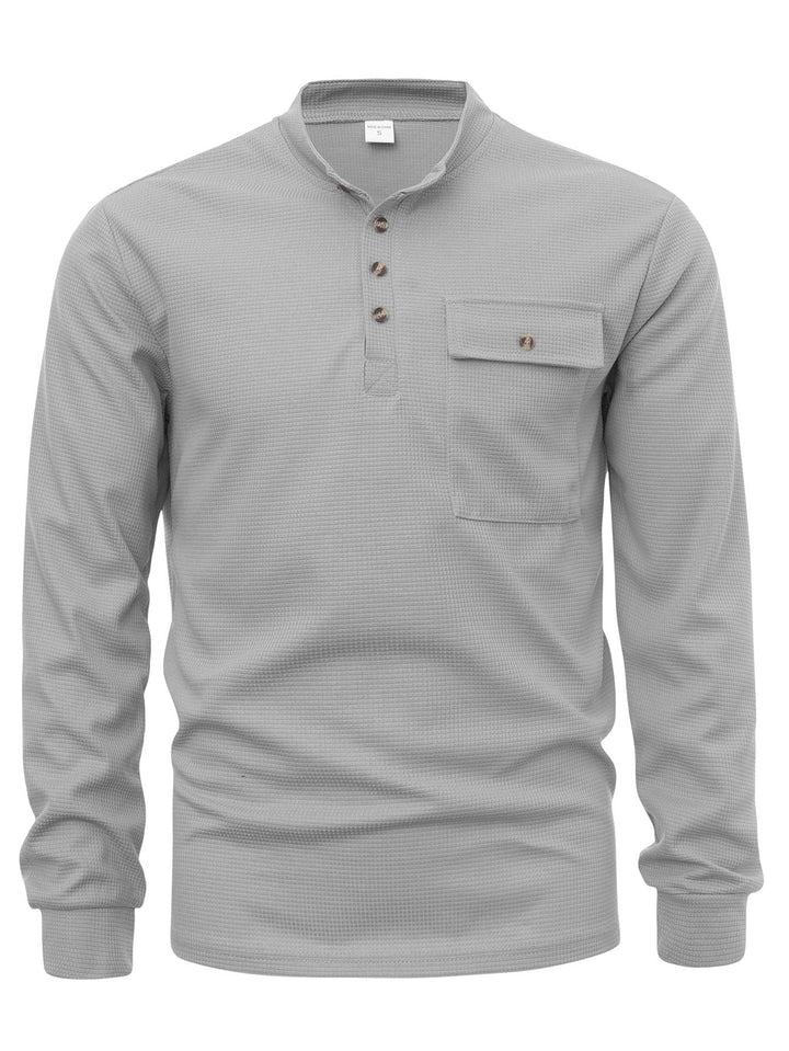 Men's long sleeve Henley shirt with structured design and practical chest pocket Lune London