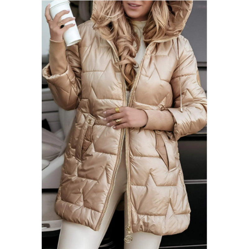 Ladies Longline down jacket with removable hood lining and side zip pockets Lune London