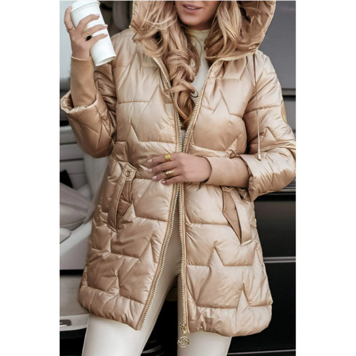Ladies Longline down jacket with removable hood lining and side zip pockets Lune London