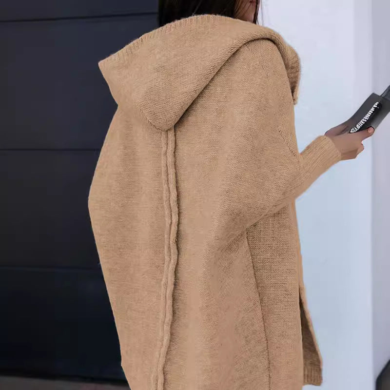 Hooded knit coat for women with side slits Lune London