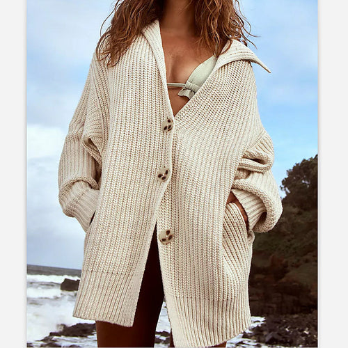 Chunky knit jacket for women with wide sleeves and a hood Lune London