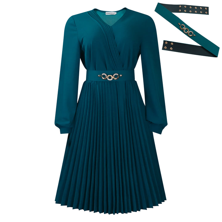Pleated wrap dress for women with belt and elegant brooch Lune London