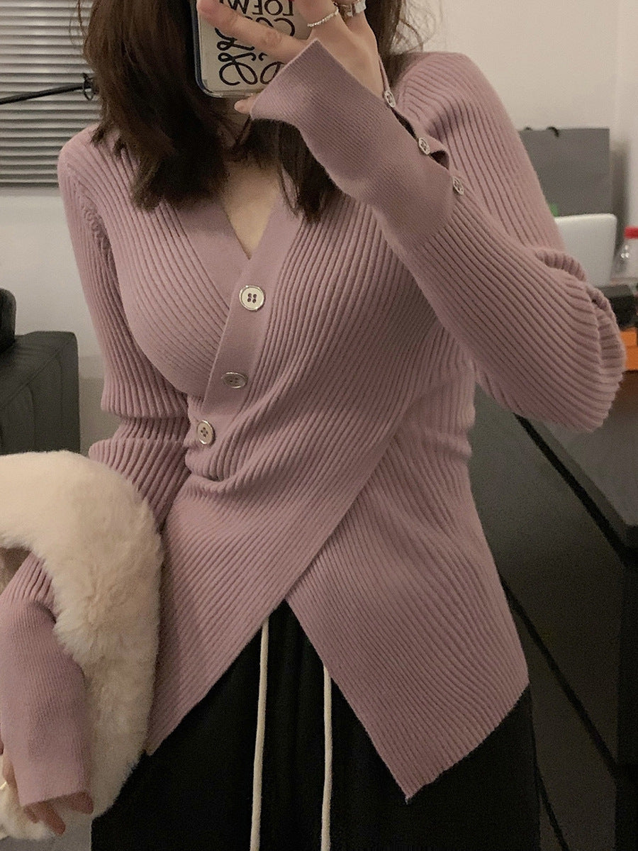 Cardigan en tricot à fines côtes pour femmes avec détails de boutons et col en V élégant Chic & Stil