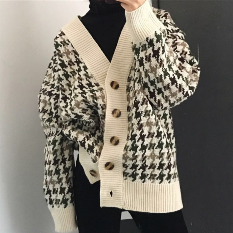 Modern cable knit women's sweater jacket with wooden buttons Lune London