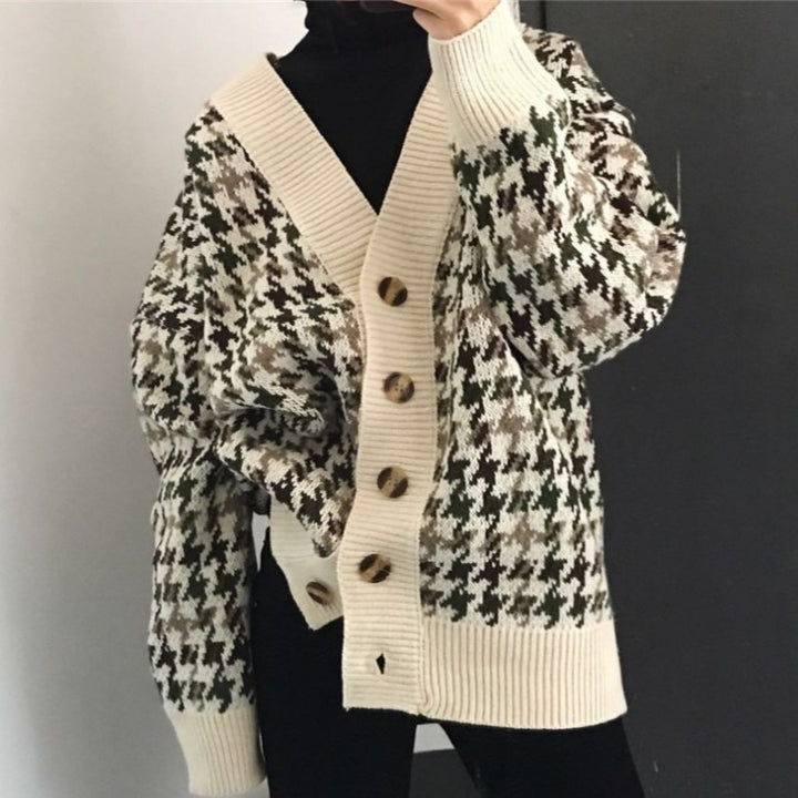 Modern cable knit women's sweater jacket with wooden buttons Lune London