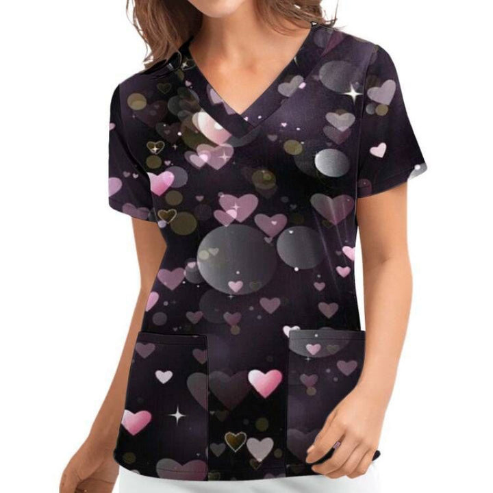 Women V Neck Heart Pattern Chic Medical Blouse and Style