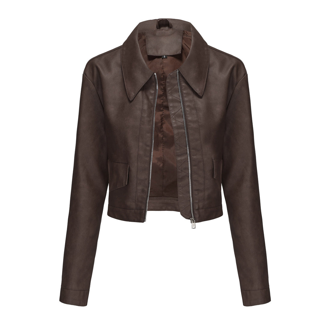 Trendy cropped synthetic leather jacket for women with classic wave collar Lune London