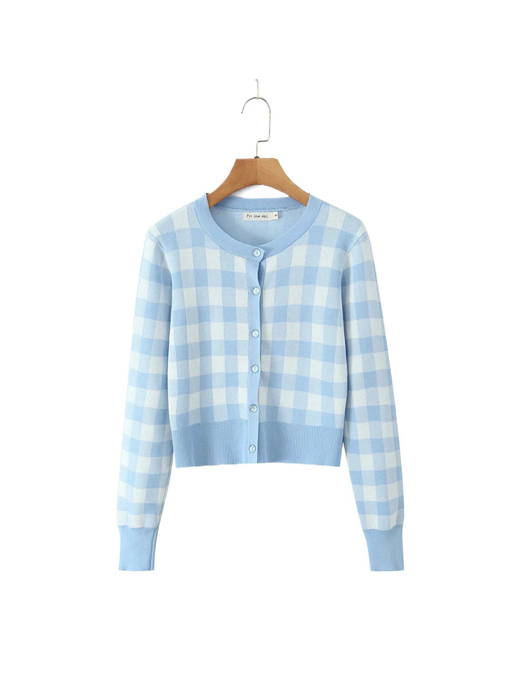 Ladies checked fashion cardigan with round collar and button closure Lune London