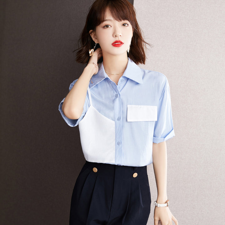 Chemisier à manches courtes femme tendance avec des inserts contrastants Chic & Stil