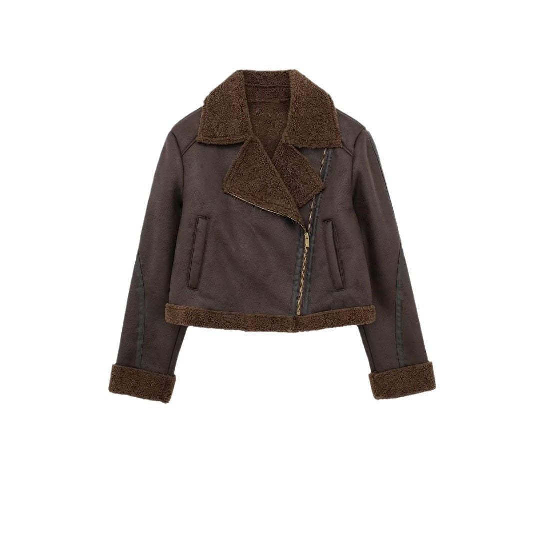 Casual biker jacket for women with a soft faux fur collar and practical pockets Lune London