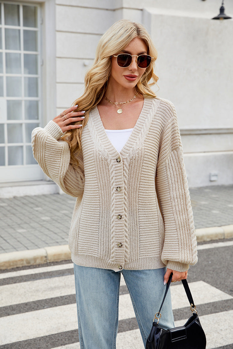 Ladies stylish knitted jacket with V-neck and button placket Lune London