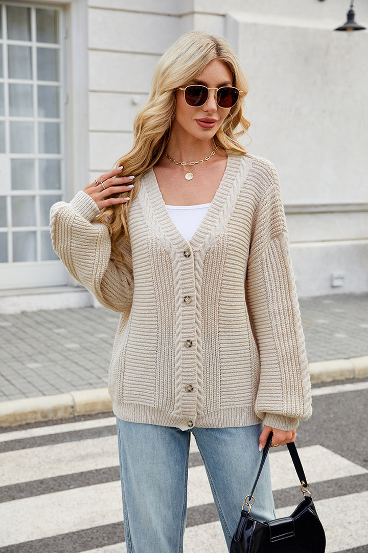 Ladies stylish knitted jacket with V-neck and button placket Lune London