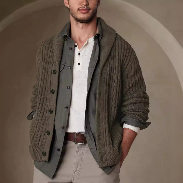 Men's knitted jacket with a modern cable pattern and classic folded collar Lune London
