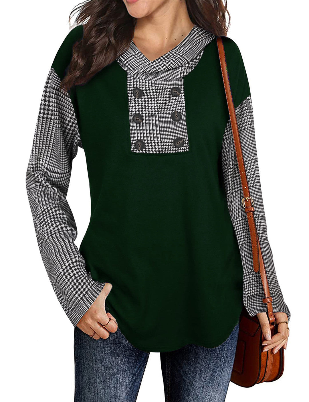 Ladies chic long sleeve shirt cut with plaid pattern and button details Lune London