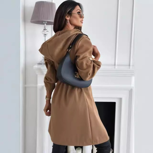 Mid-length fabric coat for women with hood and belt at the waist Lune London